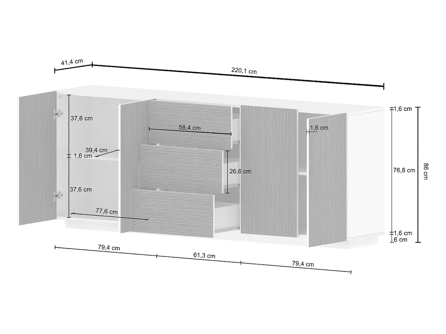 Aparador Coste con 4 puertas y 3 cajones en blanco mate y madera clara 220,1x43x86 cm
