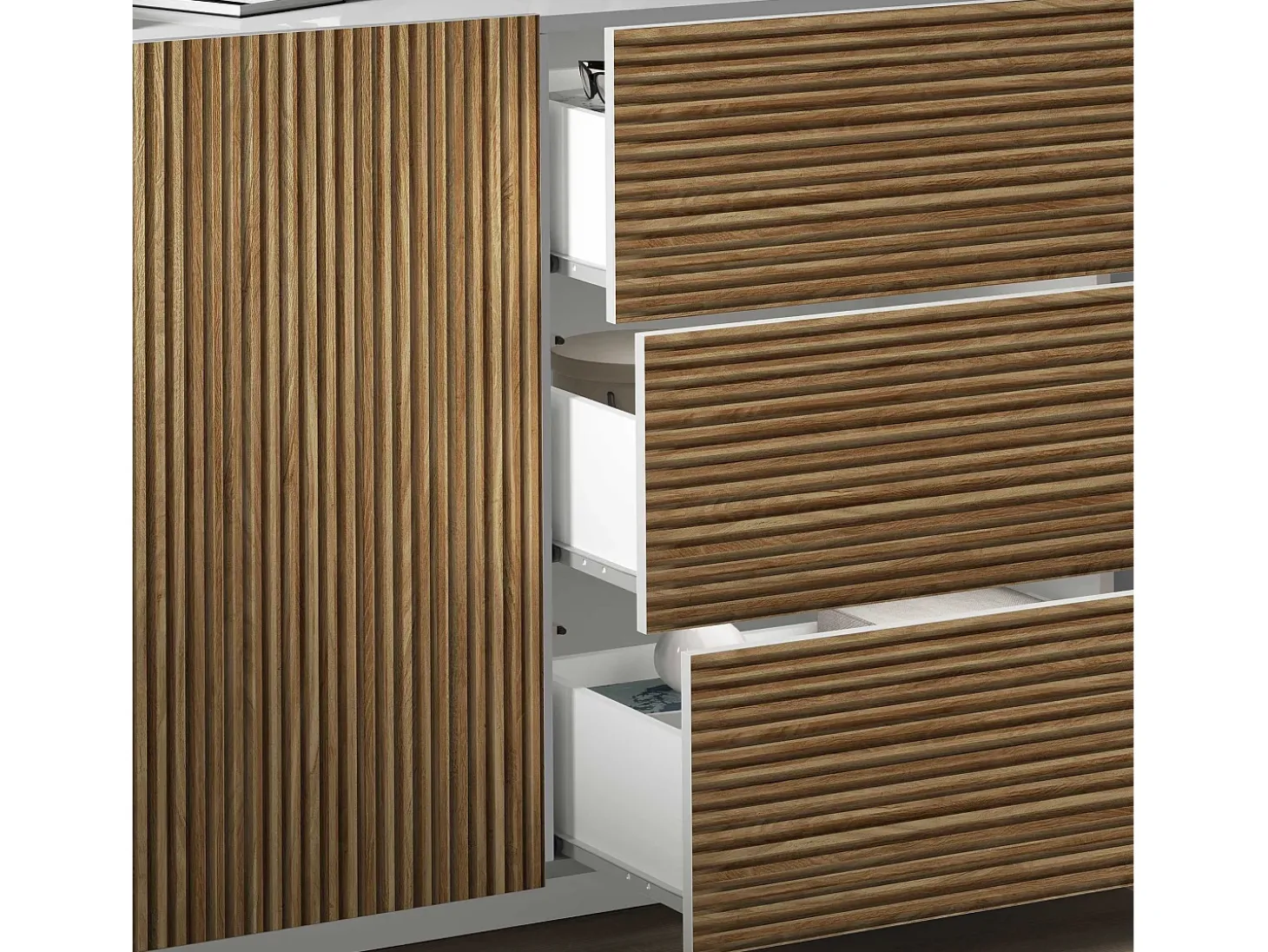 Aparador Coste con 4 puertas y 3 cajones en blanco mate y madera clara 220,1x43x86 cm