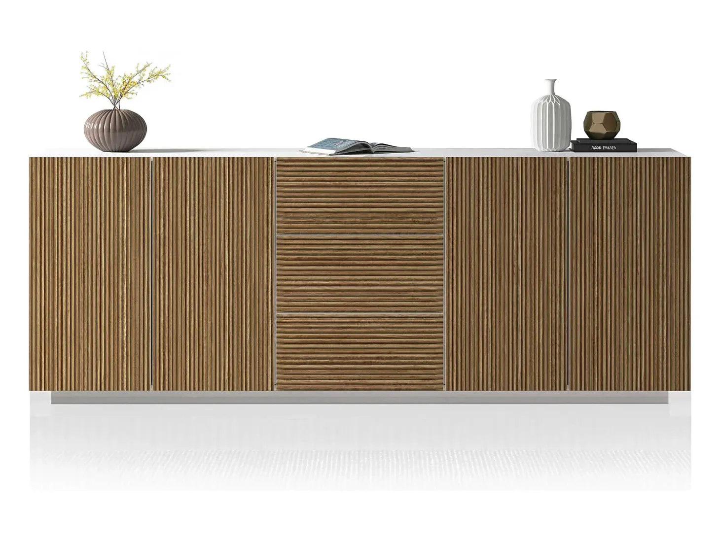 Aparador Coste con 4 puertas y 3 cajones en blanco mate y madera clara 220,1x43x86 cm