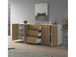 Aparador Coste con 4 puertas y 3 cajones en blanco mate y madera clara 220,1x43x86 cm