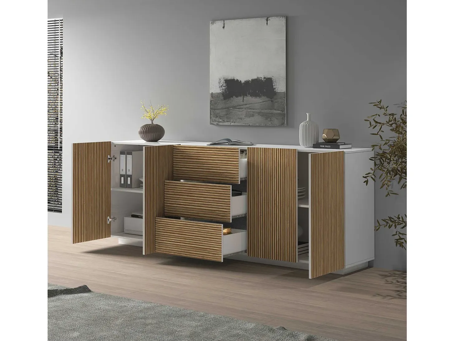 Aparador Coste con 4 puertas y 3 cajones en blanco mate y madera clara 220,1x43x86 cm
