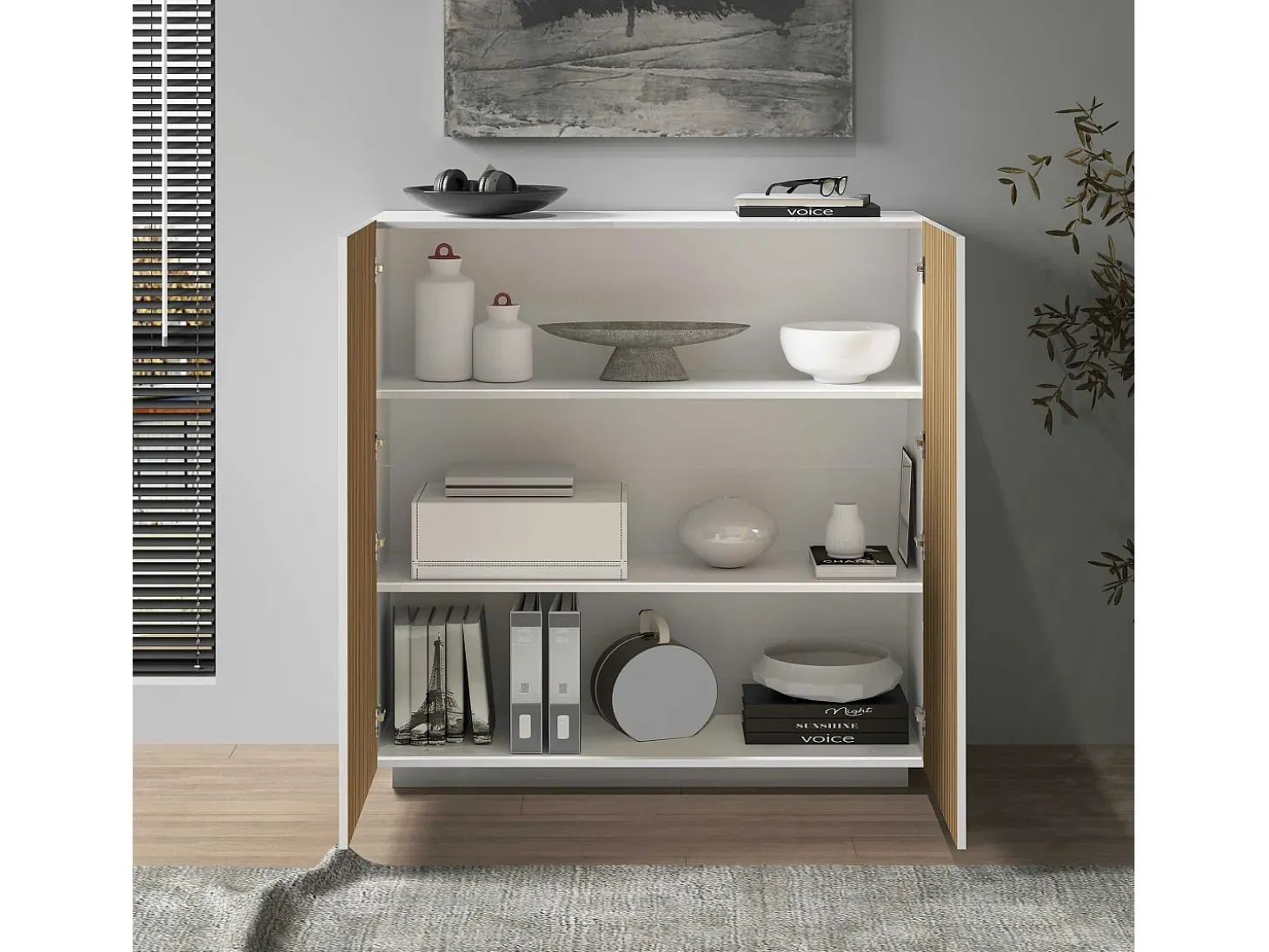 Aparador Coste con 2 puertas efecto canneté blanco mate y madera clara 120x43x126 cm