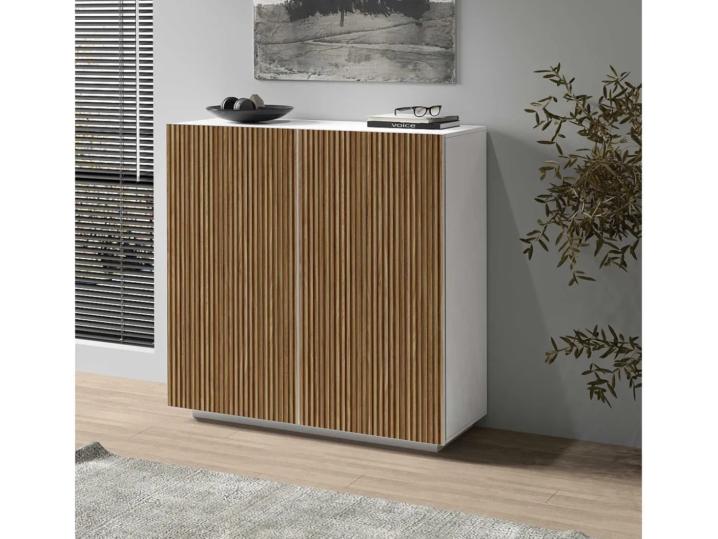 Aparador Coste con 2 puertas efecto canneté blanco mate y madera clara 120x43x126 cm