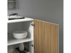 Aparador Coste con 2 puertas efecto canneté blanco mate y madera clara 120x43x126 cm