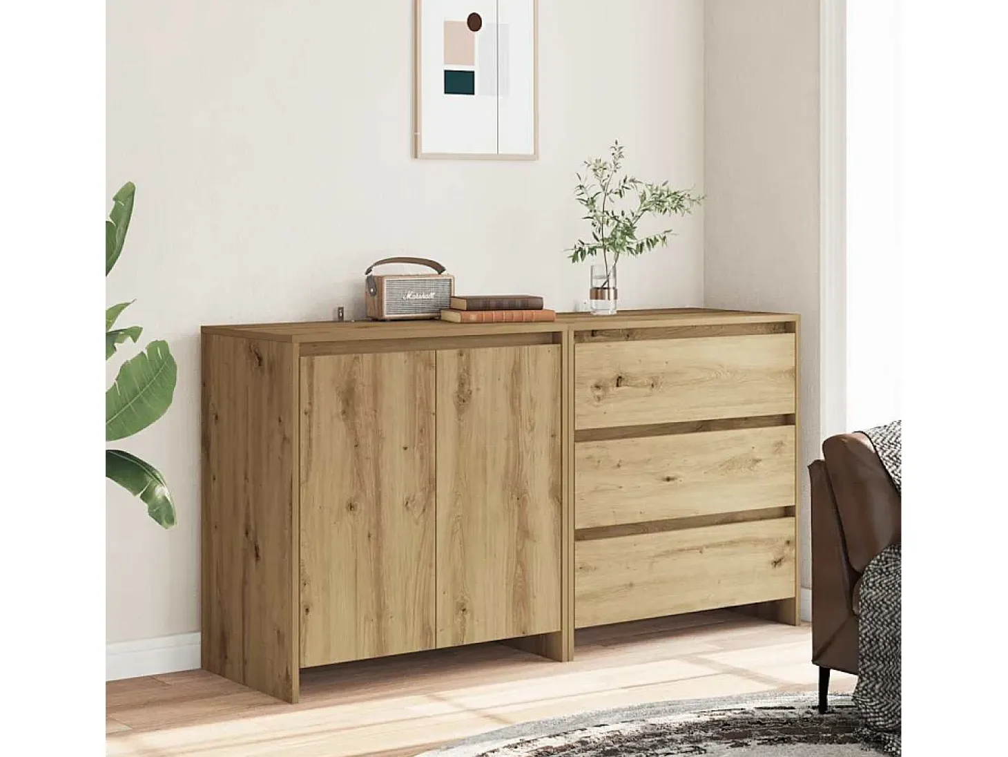 Aparador de 2 piezas, roble hecho a mano, madera de ingeniería