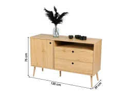 Aparador de 1 puerta, 1 compartimento y 2 cajones – Estilo clásico, color roble claro – 120x39x75 cm – Colección OAKLANDER