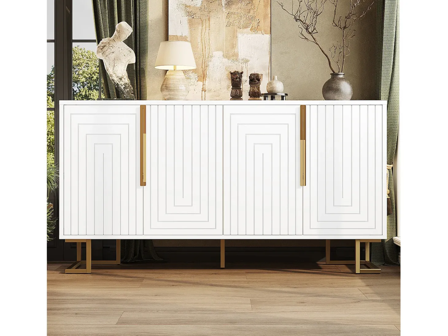Aparador de 4 puertas - Aparador con tiradores y patas dorados - blanco - para comedor