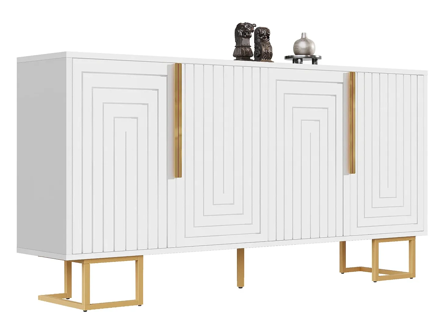 Aparador de 4 puertas - Aparador con tiradores y patas dorados - blanco - para comedor