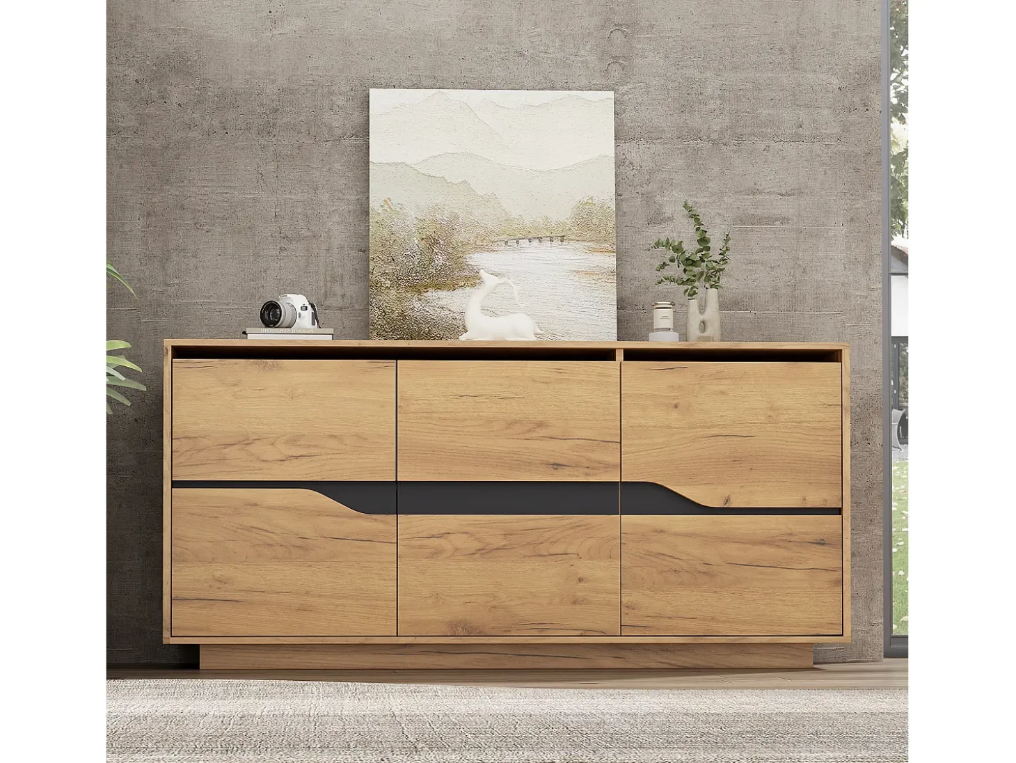 Aparador de 3 puertas - Mueble de comedor con 5 divisores regulables - madera + negro