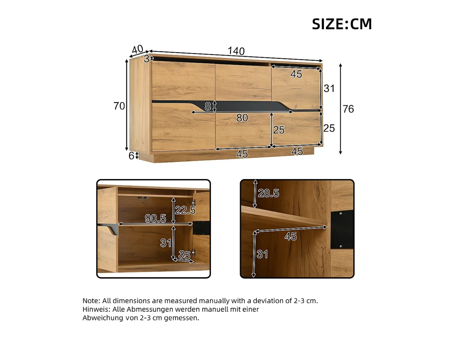 Aparador de 3 puertas - Mueble de comedor con 5 divisores regulables - madera + negro