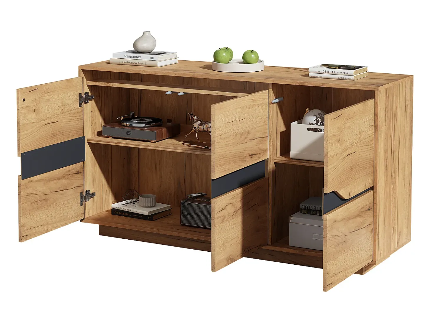 Aparador de 3 puertas - Mueble de comedor con 5 divisores regulables - madera + negro