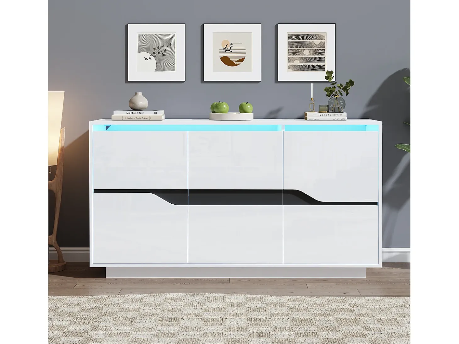 Aparador de 3 puertas - Mueble de comedor con 5 divisores regulables - blanco + negro
