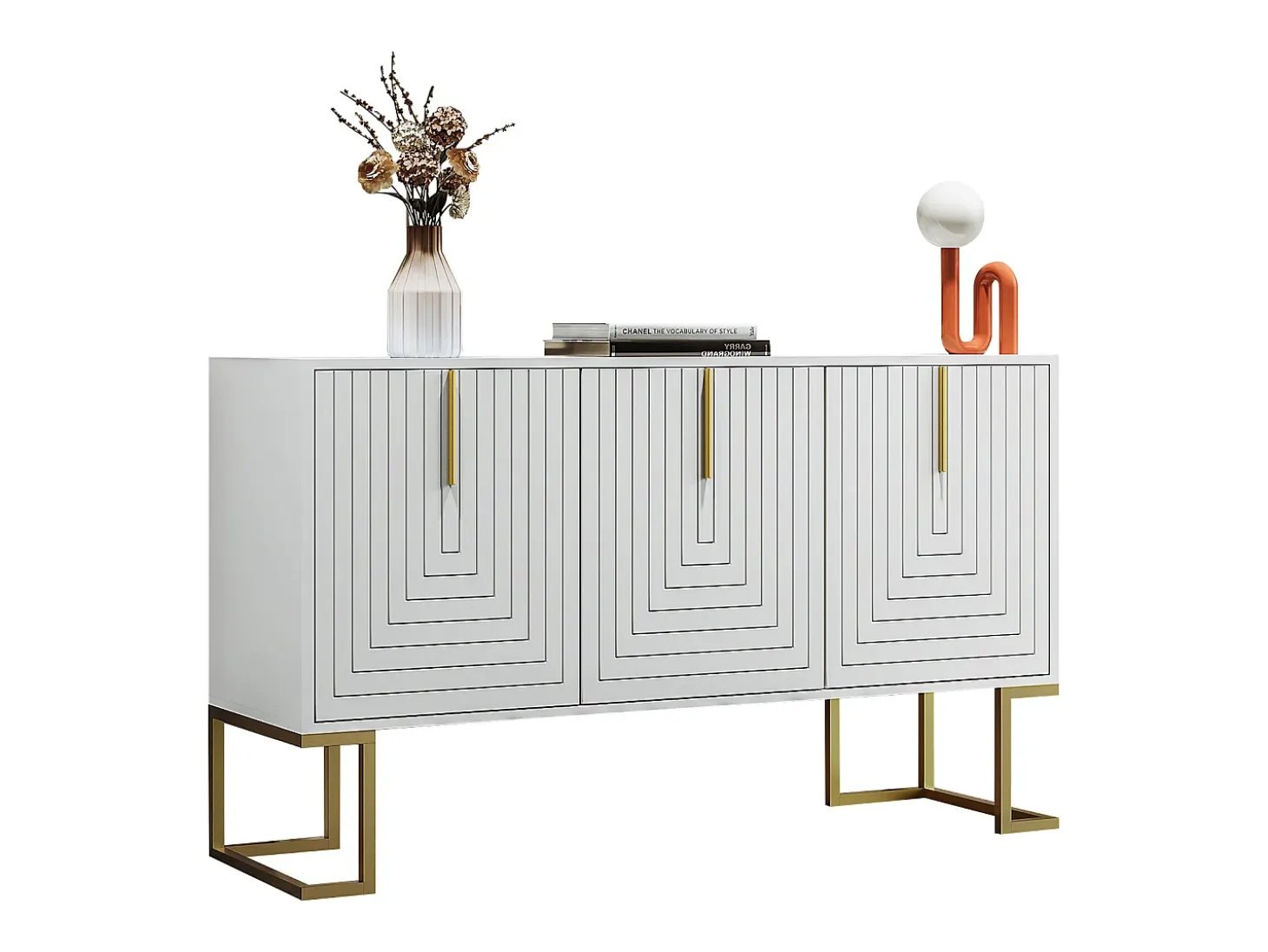 Aparador de 3 puertas con estantes regulables, puertas en forma de U y tiradores metálicos, MDF, blanco (138x40x80,5 cm)