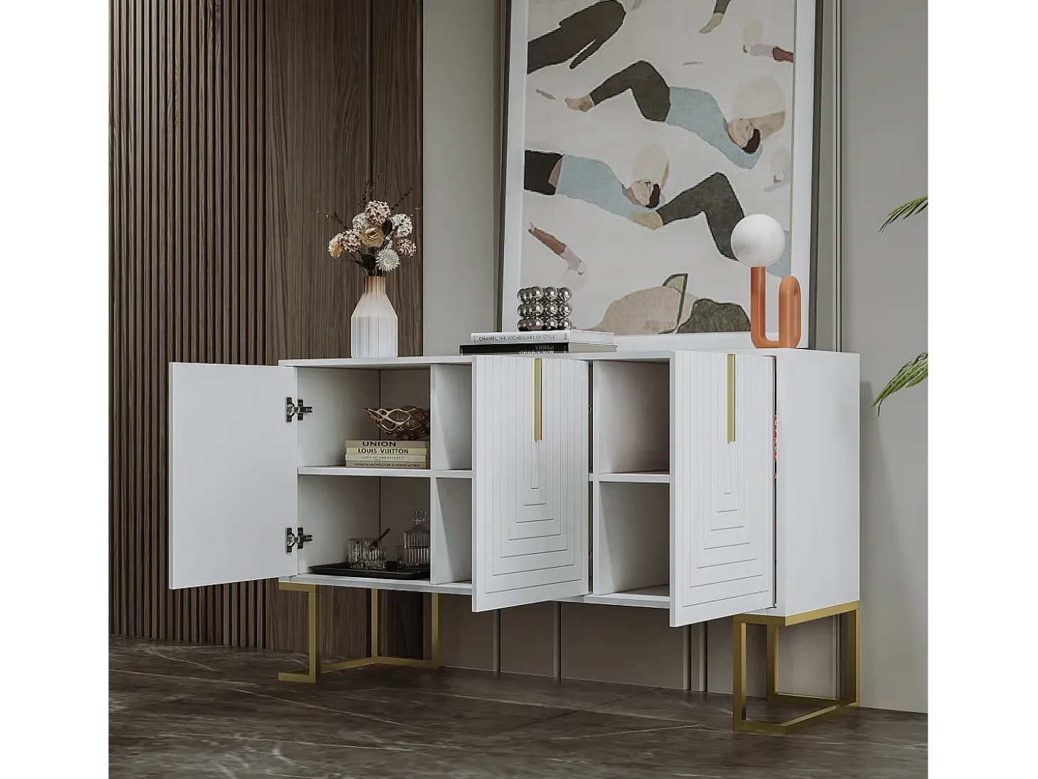 Aparador de 3 puertas con estantes regulables, puertas en forma de U y tiradores metálicos, MDF, blanco (138x40x80,5 cm)