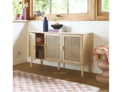 Aparador de 3 puertas con mimbre y efecto madera natural