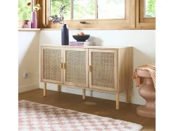 Aparador de 3 puertas con mimbre y efecto madera natural