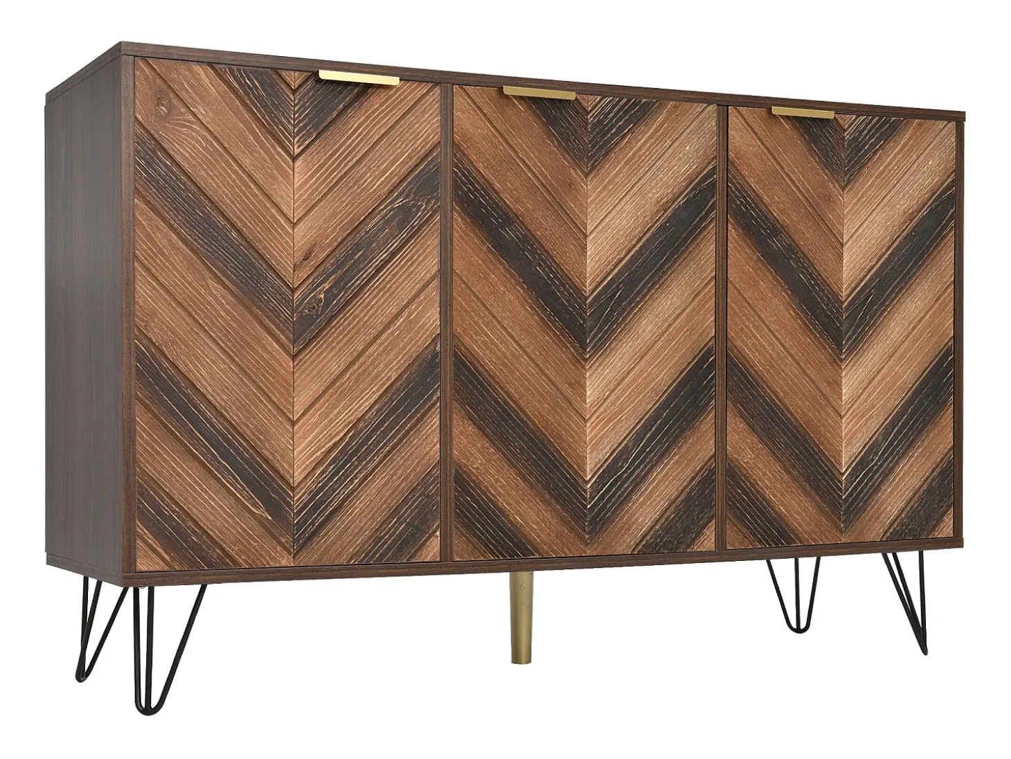 Aparador de 3 puertas, diseño elegante, puertas de madera y detalles dorados, MDF, natural y negro (120x38x76,5 cm)