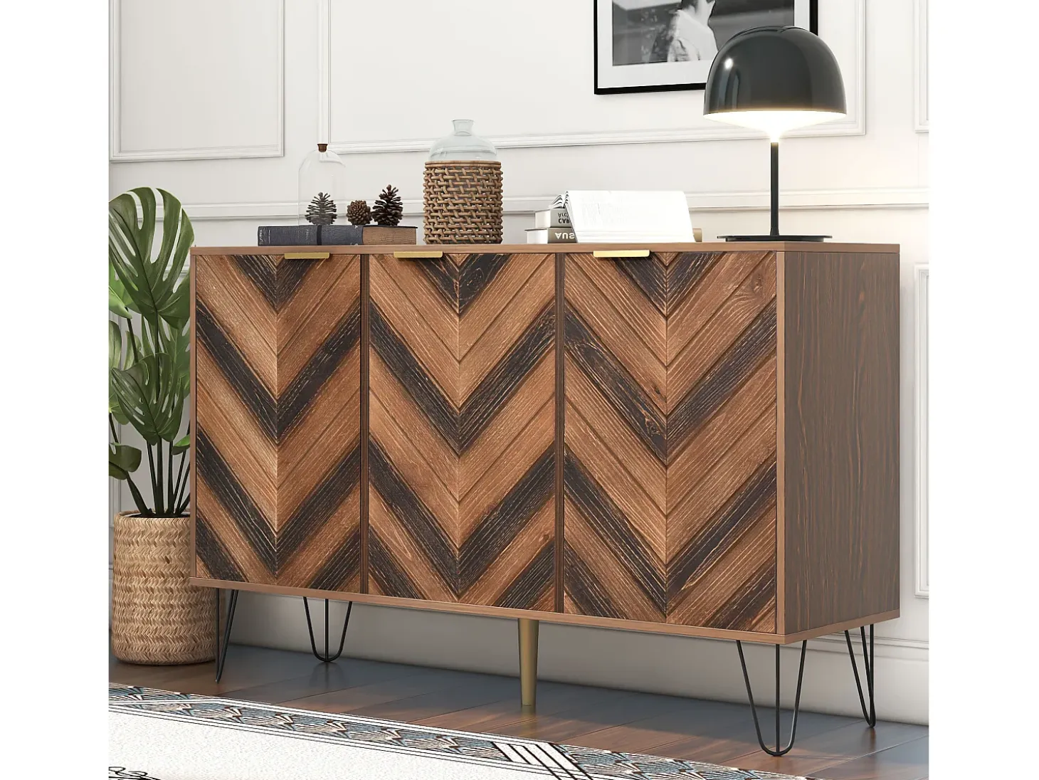 Aparador de 3 puertas, diseño elegante, puertas de madera y detalles dorados, MDF, natural y negro (120x38x76,5 cm)