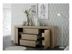 Aparador de 2 puertas y 3 cajones, colección ZEFIR, color roble claro, perfecto para su salón.