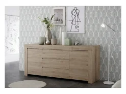 Aparador de 2 puertas y 3 cajones, colección ZEFIR, color roble claro, perfecto para su salón.