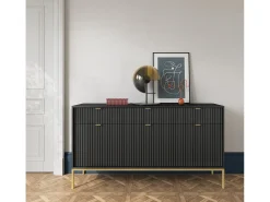 Aparador de 3 puertas y 3 cajones con patas de metal dorado, 154x83 cm