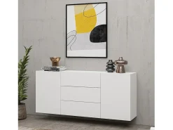 Aparador de 140cm colección EVA con 2 puertas y 3 cajones. Color blanco y roble.