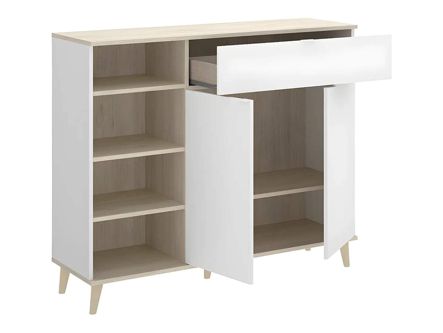 Aparador de cocina - 2 puertas, 1 cajón y 4 estantes - Blanco y roble - WAJDI