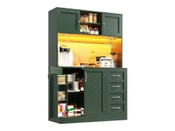Aparador de cocina - 120 x 40 x 188 cm - con 4 puertas + LED + portavasos + cajones + estante snack - MDF - verde