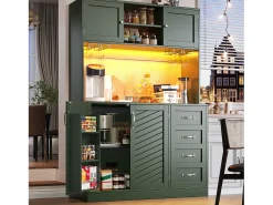 Aparador de cocina - 120 x 40 x 188 cm - con 4 puertas + LED + portavasos + cajones + estante snack - MDF - verde