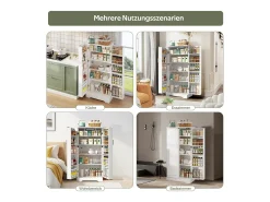 Aparador de cocina - 60 x 35 x 128 cm - con LED + estantes regulables + 2 puertas con almacenaje - MDF - blanco