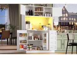 Aparador de cocina - 120 x 40 x 188 cm - con 4 puertas + LED + portavasos + cajones + estante snack - MDF - blanco
