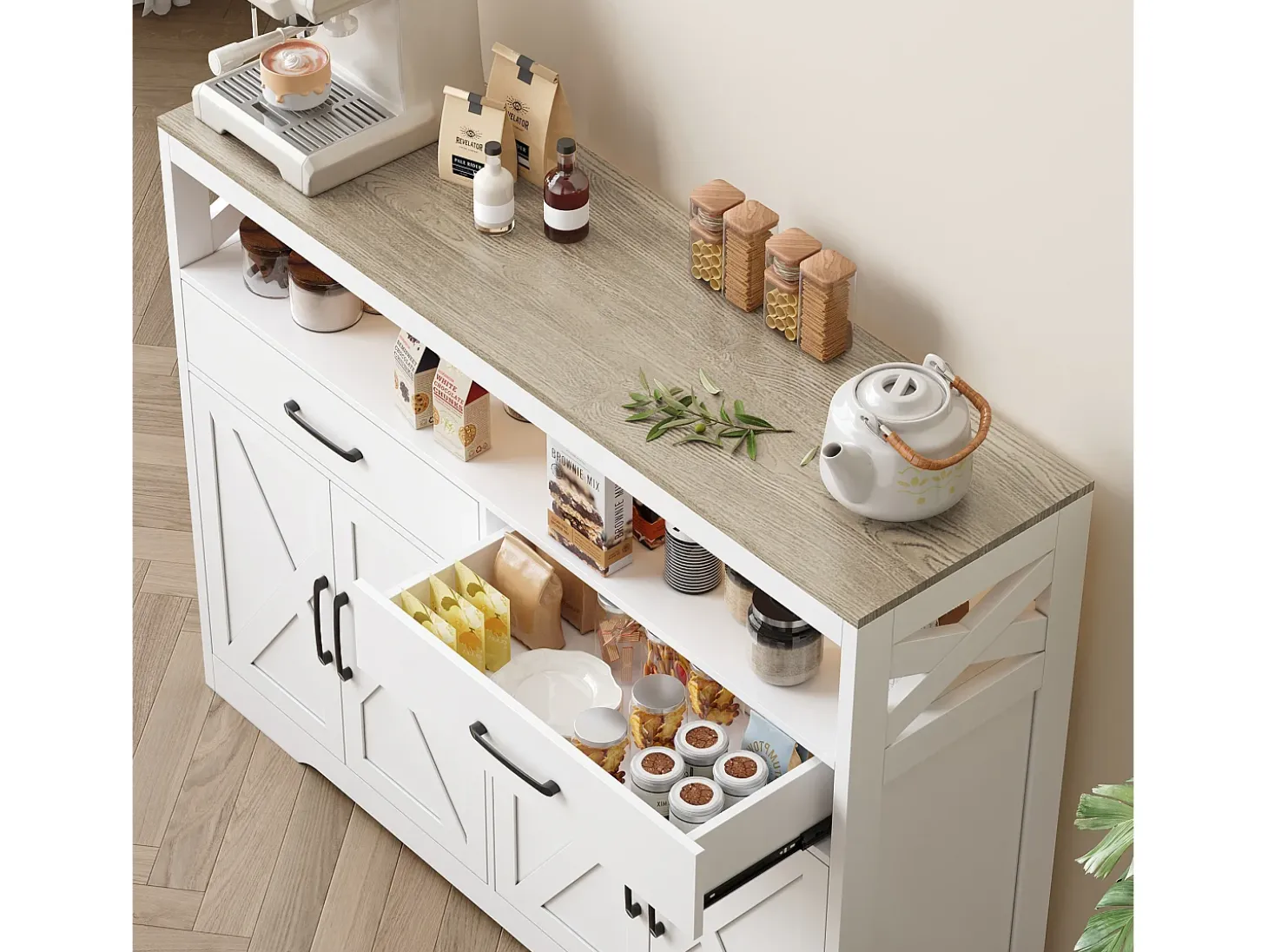Aparador de cocina blanco, armario de almacenaje, aparador de cocina con 2 cajones y 4 puertas, 140×40×105 cm, blanco