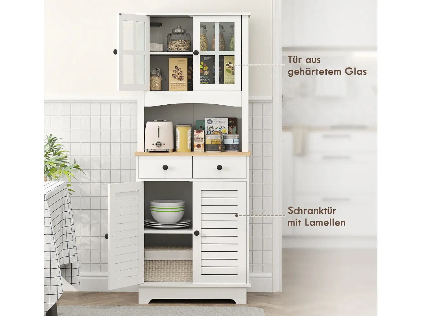 Aparador de cocina con 2 cajones y puertas de cristal, espacio para guardar vajilla, 68 x 39,5 x 170 cm, blanco