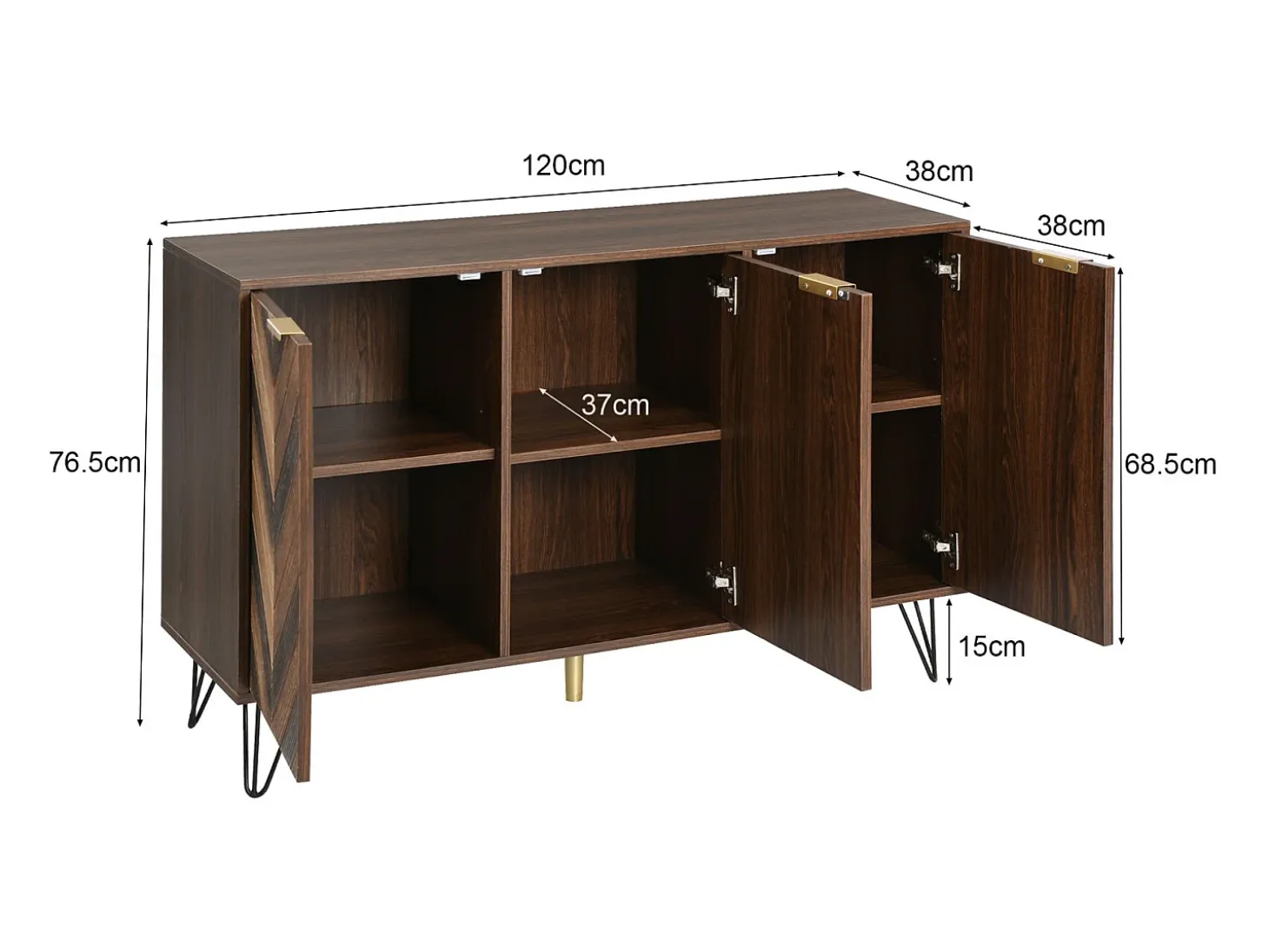 Aparador de cocina con 6 compartimentos de almacenaje y 3 puertas, puerta chapada en madera maciza.