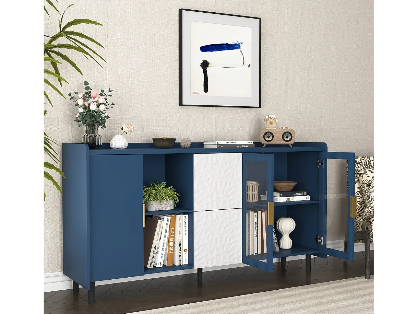 Aparador de cocina con 2 cajones, 2 estantes abiertos y 2 puertas de cristal, aparador de MDF azul (150x40x80 cm)