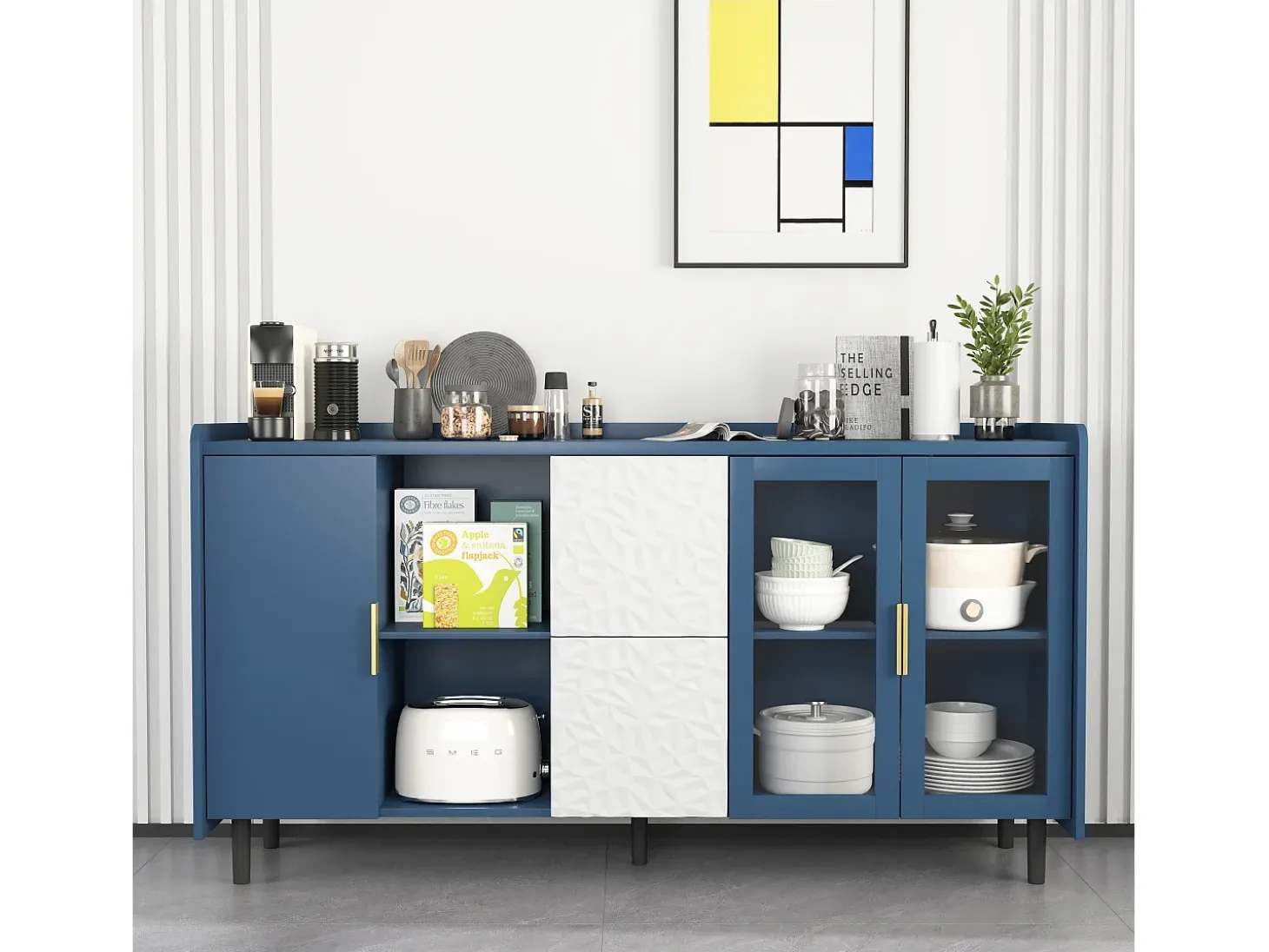 Aparador de cocina con 2 cajones, 2 estantes abiertos y 2 puertas de cristal, aparador de MDF azul (150x40x80 cm)