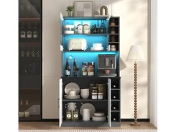 Aparador de cocina con 2 puertas, 2 puertas acrílicas e iluminación LED, gris y blanco