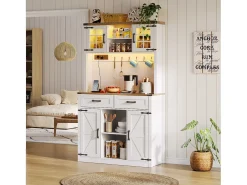 Aparador de cocina con 4 puertas, 2 cajones y 4 nichos, LED y USB incluidos, blanco y natural
