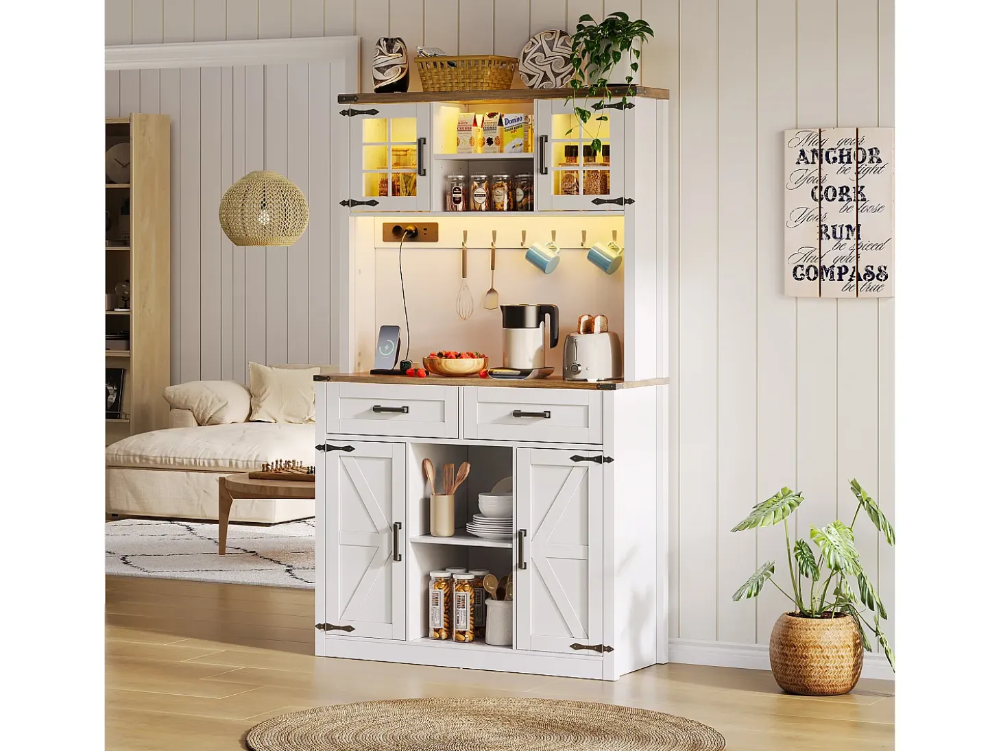 Aparador de cocina con 4 puertas, 2 cajones y 4 nichos, LED y USB incluidos, blanco y natural