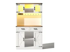 Aparador de cocina con 4 puertas, 2 cajones y 4 nichos, LED y USB incluidos, blanco y natural