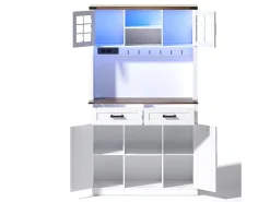 Aparador de cocina con 4 puertas, 2 cajones y 4 nichos, LED y USB incluidos, blanco y natural