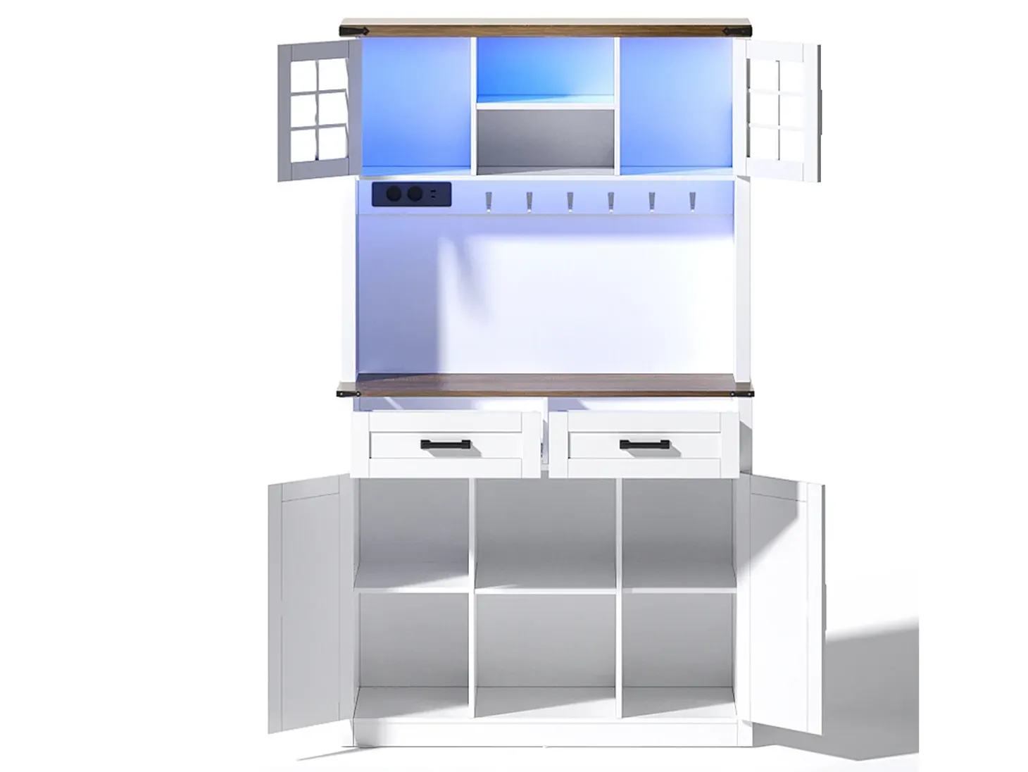Aparador de cocina con 4 puertas, 2 cajones y 4 nichos, LED y USB incluidos, blanco y natural