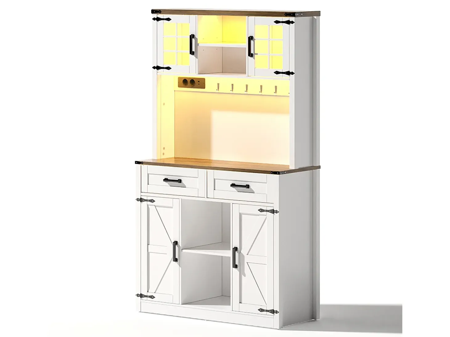 Aparador de cocina con 4 puertas, 2 cajones y 4 nichos, LED y USB incluidos, blanco y natural