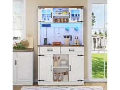Aparador de cocina con 4 puertas, 2 cajones y 4 nichos, LED y USB incluidos, blanco y natural
