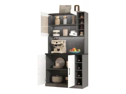 Aparador de cocina con 4 puertas y compartimentos - 100 x 47 x 187 cm - Madera MDF - LEDs y canales para cables - Blanco
