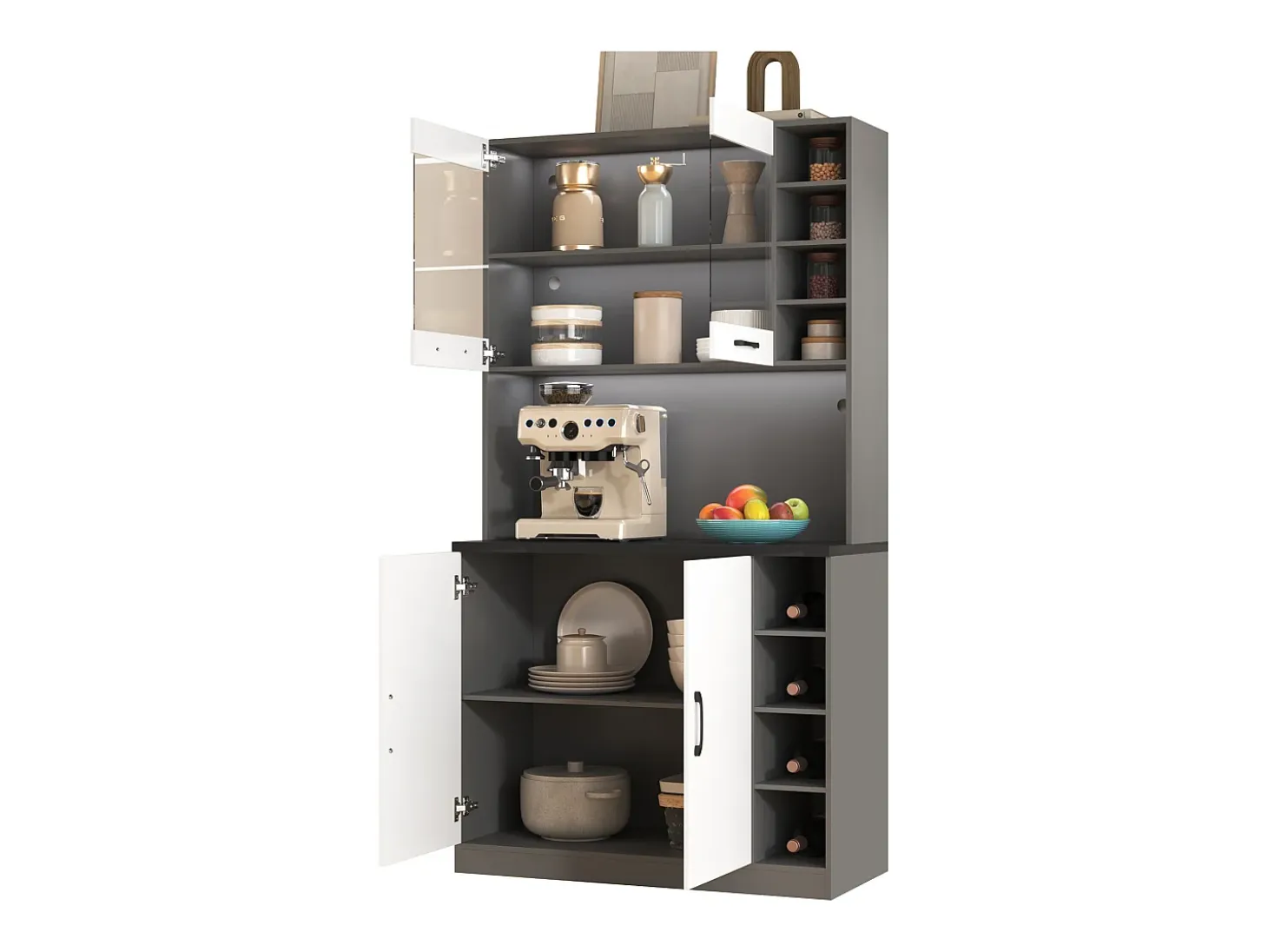 Aparador de cocina con 4 puertas y compartimentos - 100 x 47 x 187 cm - Madera MDF - LEDs y canales para cables - Blanco