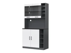 Aparador de cocina con 4 puertas y compartimentos - 100 x 47 x 187 cm - Madera MDF - LEDs y canales para cables - Blanco