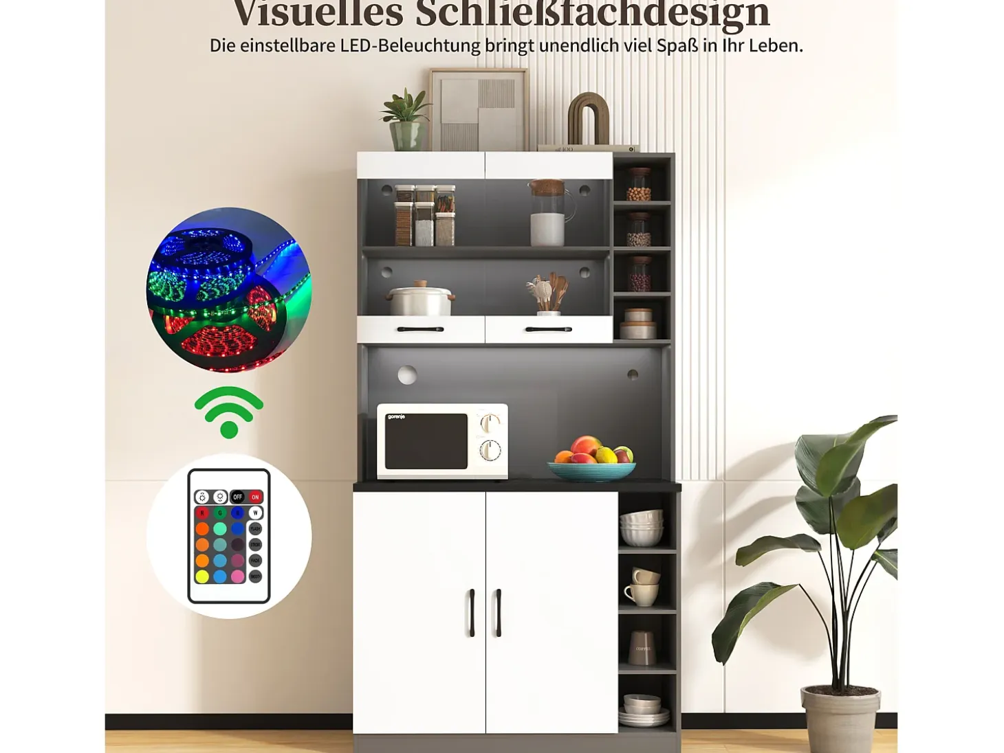 Aparador de cocina con 4 puertas y compartimentos - 100 x 47 x 187 cm - Madera MDF - LEDs y canales para cables - Blanco