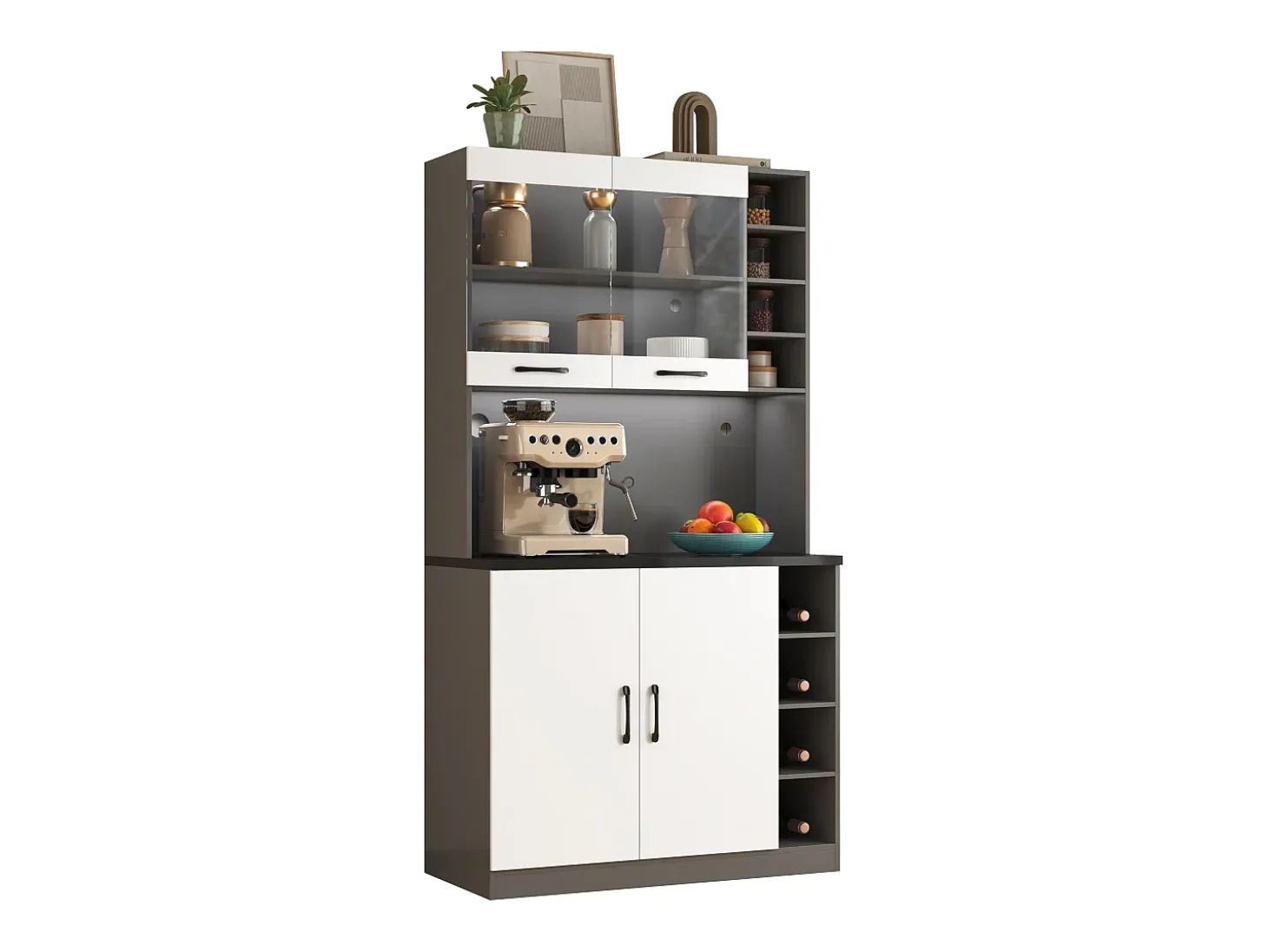 Aparador de cocina con 4 puertas y compartimentos - 100 x 47 x 187 cm - Madera MDF - LEDs y canales para cables - Blanco