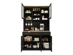 Aparador de cocina con 5 puertas, 3 cajones y estante para vasos, toma de corriente - Negro